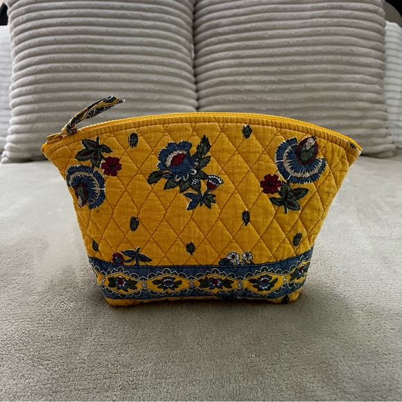 Vintage VERA BRADLEY French Yellow 1999 Large USA Cosmetic Case Zipper Y2K Blue - Picture 1 of 12
